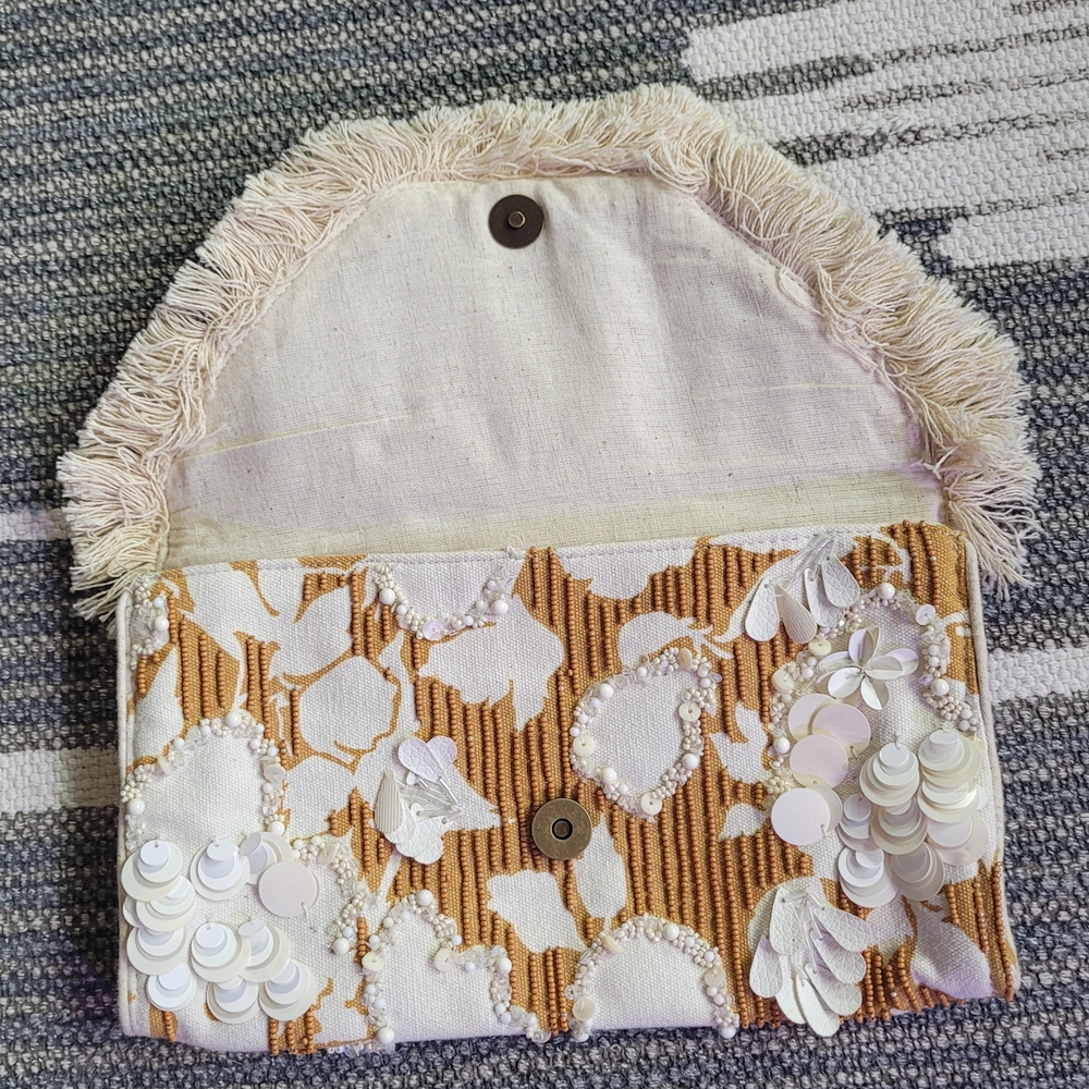 Anthropologie Cream and Light Lavender Linen Tote